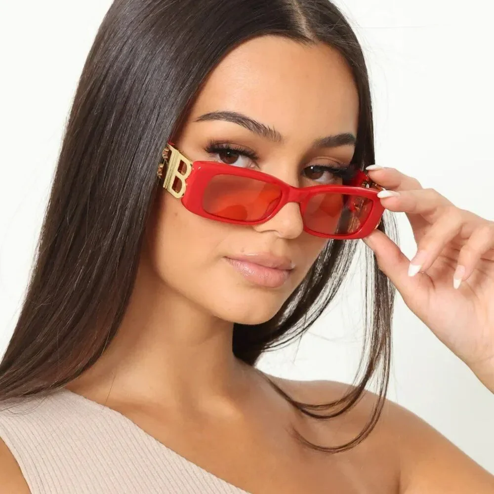 SALE! NEW Balenciaga BB0096S 003 Red Gold Logo Rectangle Women Sunglasses
